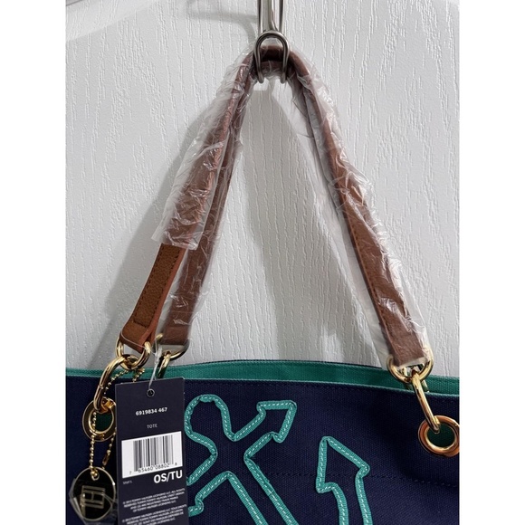 Tommy Hilfiger Nautical Anchor Canvas Tote Bag Navy & Green with Brown Handles - Picture 3 of 12